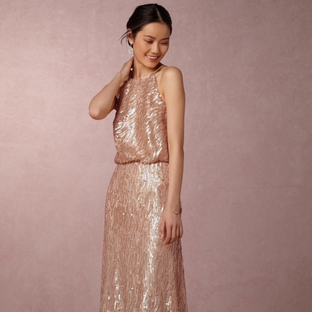 BHLDN Donna Morgan Alana Rose Gold sequence dress - Size 4
